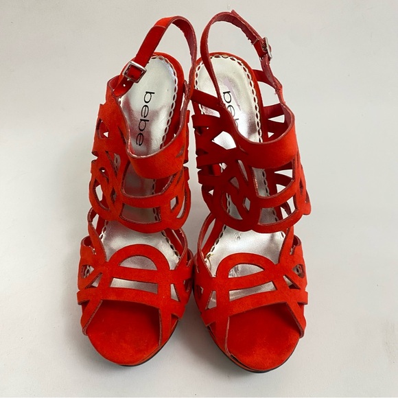 BEBE Red Platform Heeled Sandals Pumps 7 M Open Toe Ankle Strap Heels Stiletto - Picture 9 of 14